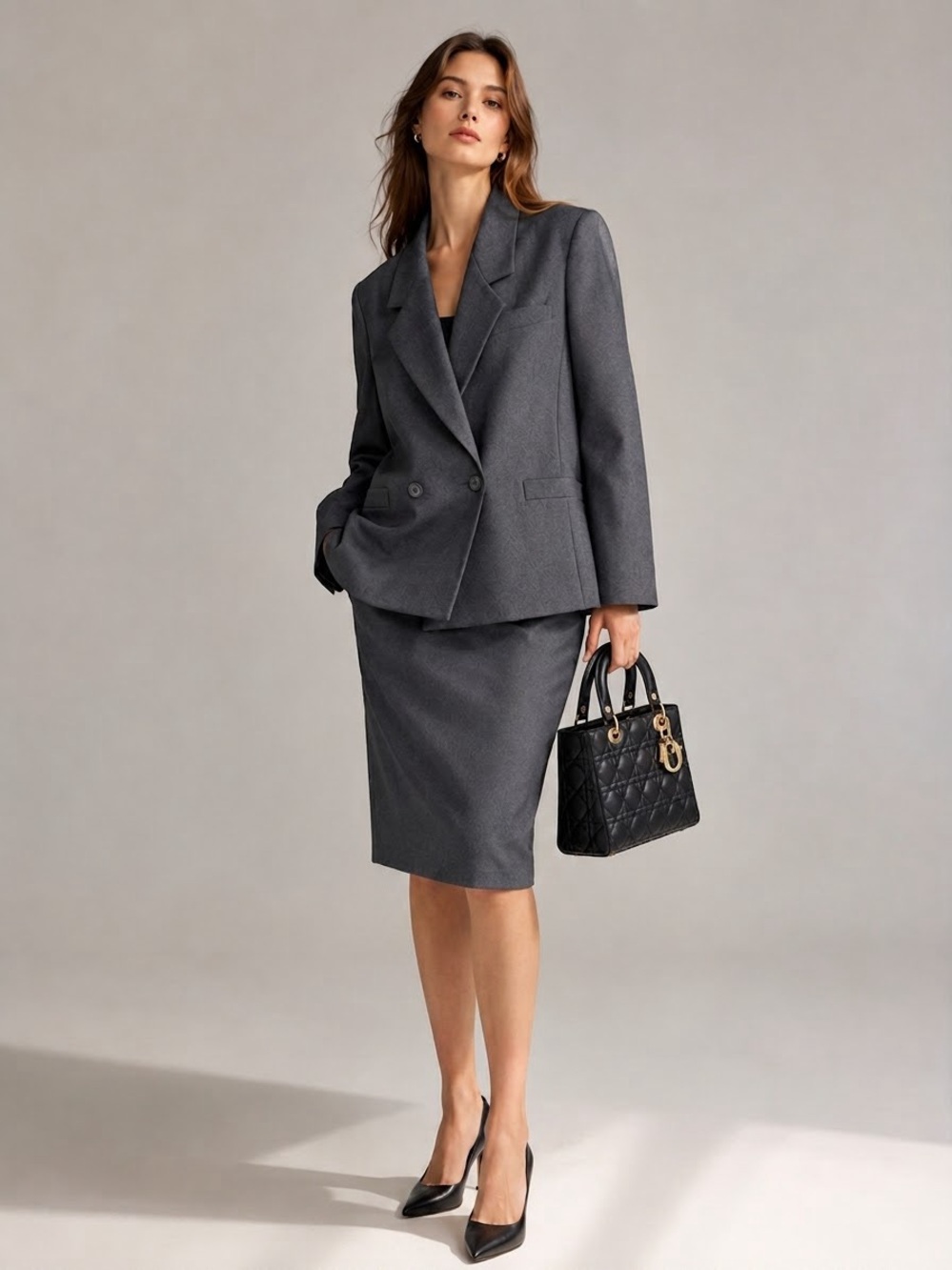 Christian Dior The Suit Vintage Gray Pure Wool Blazer Pencil Skirt Set Size 6 US